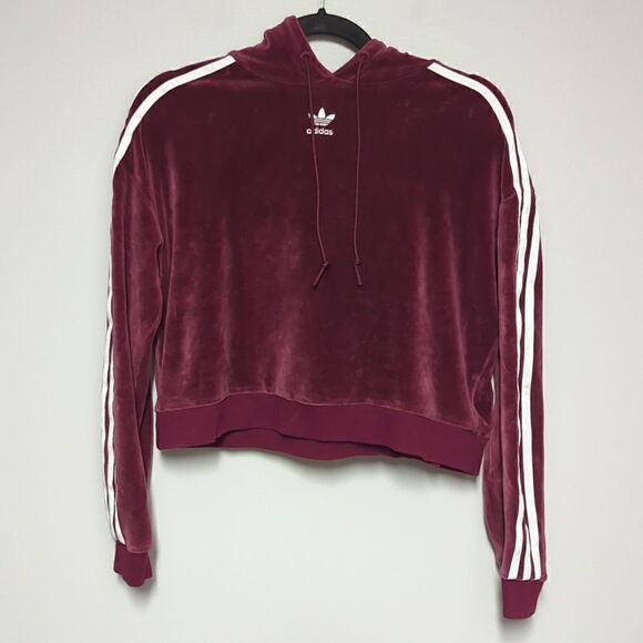 adidas Maroon Velour Cropped Hoodie - Picture 1 of 7
